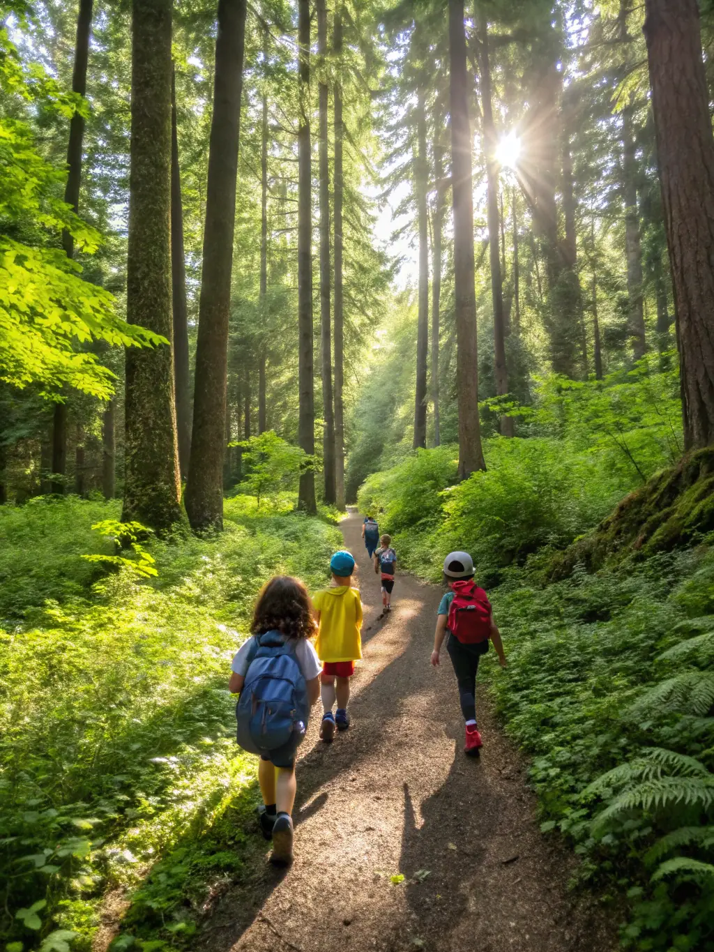 A group of children participating in a nature walk, learning about local flora and fauna, with a Chlorophylle instructor pointing out interesting plants.