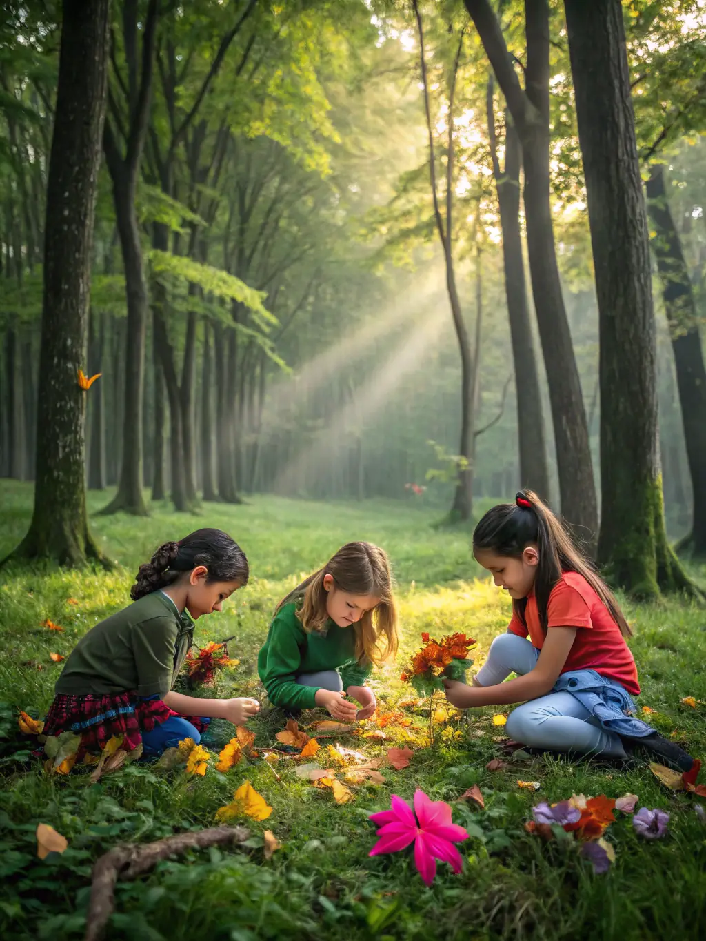 A group of children participating in a nature art workshop, creating sculptures from found natural materials in a forest setting. The scene is bright and engaging, showcasing hands-on learning and creative exploration.