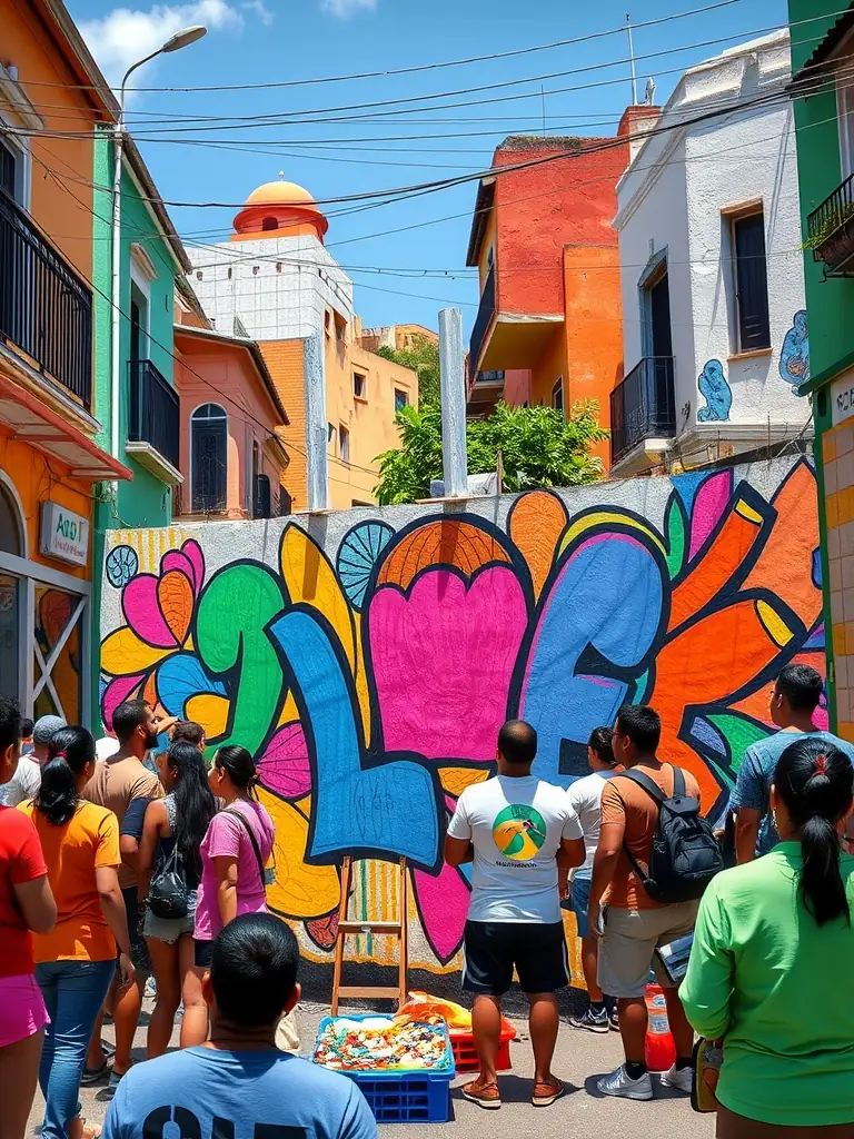 A community mural project in progress, with volunteers of all ages painting a large-scale artwork on a building wall, depicting themes of environmental conservation and local biodiversity.