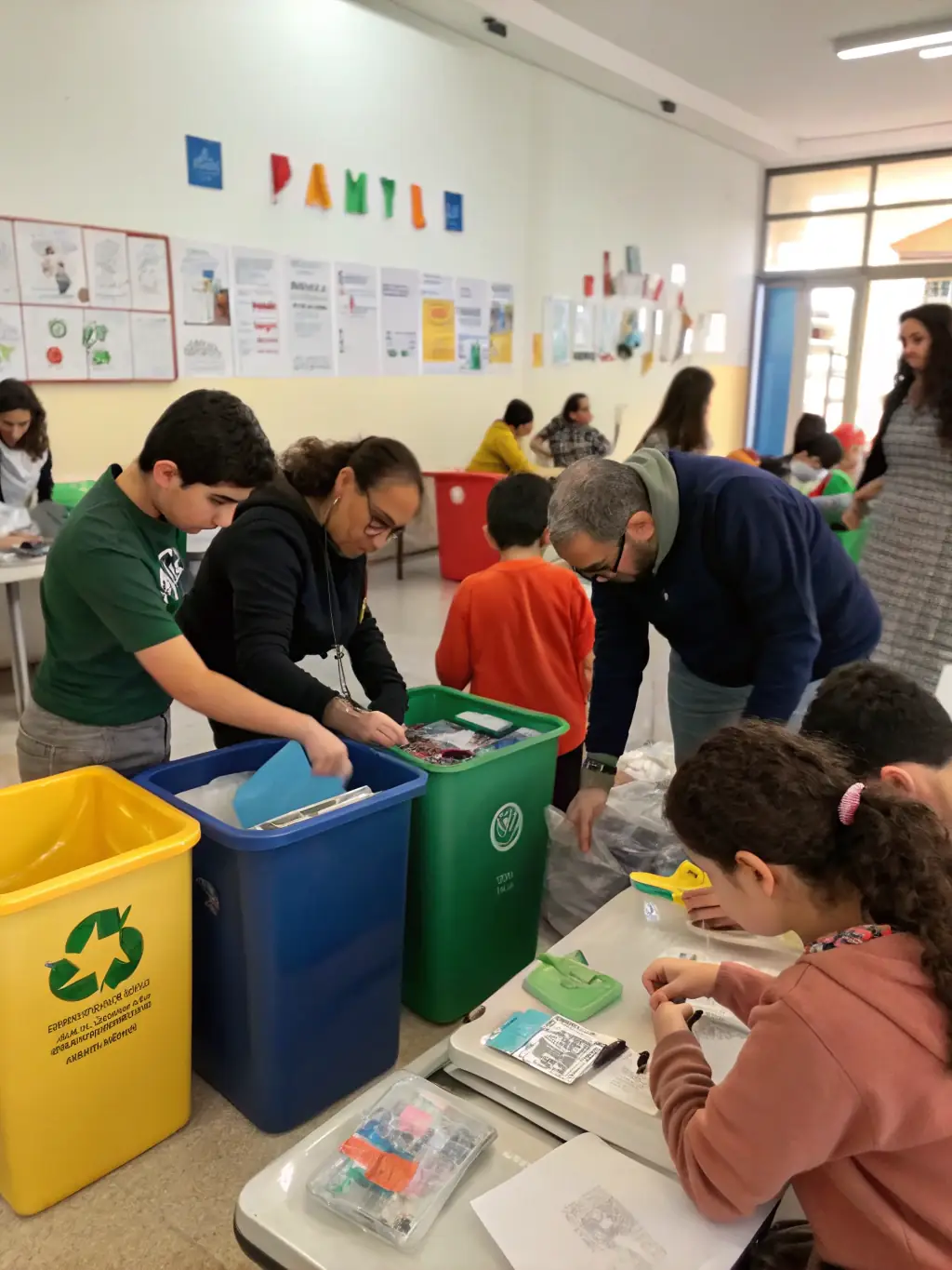 Participants in an eco-art workshop creating sculptures from recycled materials, guided by an artist, showcasing creativity and sustainability.
