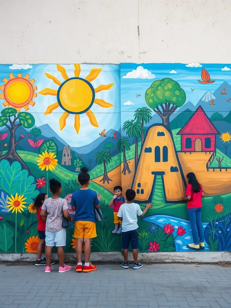 A vibrant community mural being painted on a public wall, depicting environmental themes and involving local residents in the artistic process.