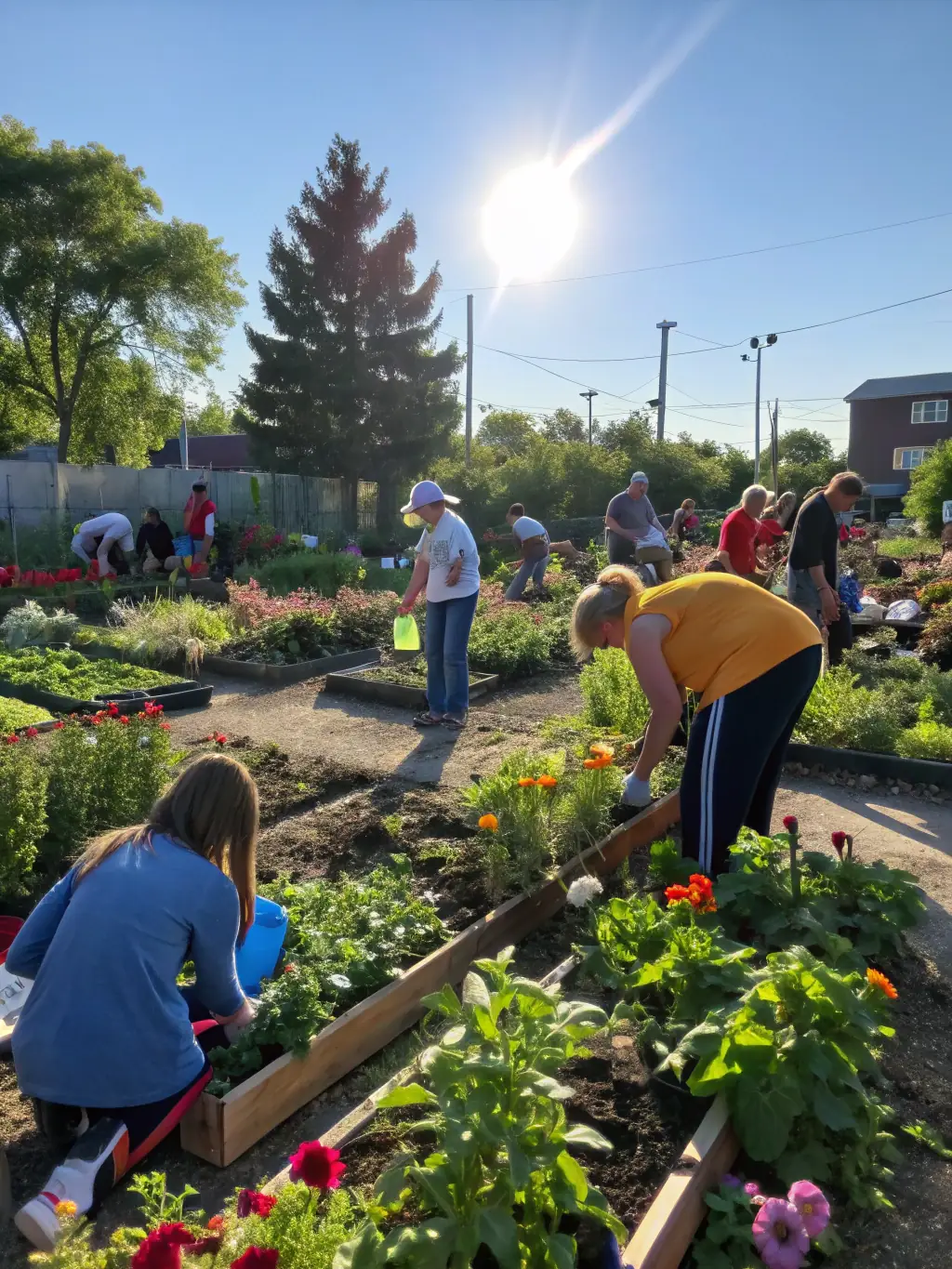 A photo of a community garden, showcasing diverse plants and vegetables, with Chlorophylle volunteers tending to the garden beds.